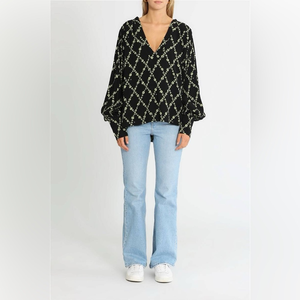 GANNI Margarita Printed Crepe Long Sleeve Shirt NWT